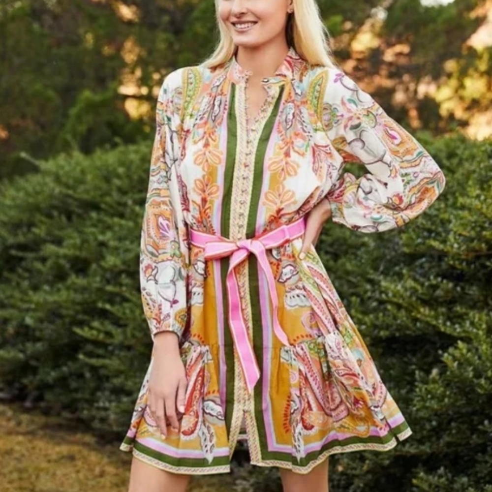 Antonio Melani Mini Dress 14 Petal Pink Ochre Scarf Cotton Voile Brynn New $230